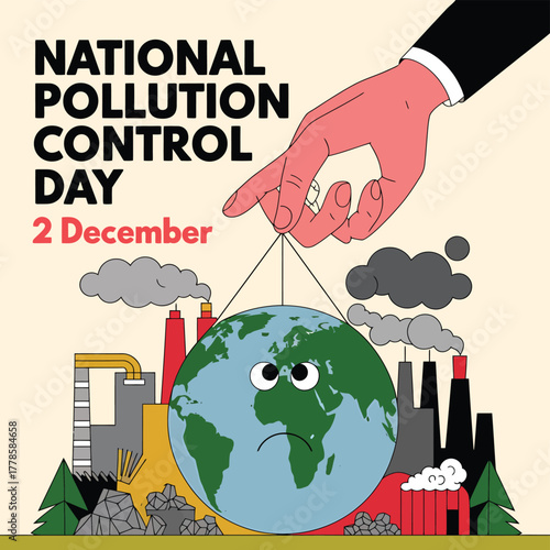 Vector art of sad earth held by a finger above polluting factories, representing national pollution control day and the urgent need to address environmental damage