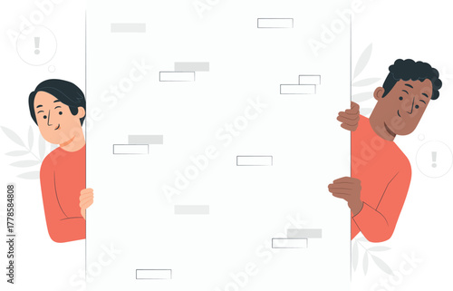 Diverse people peeking from behind a large white board with grey rectangles male different