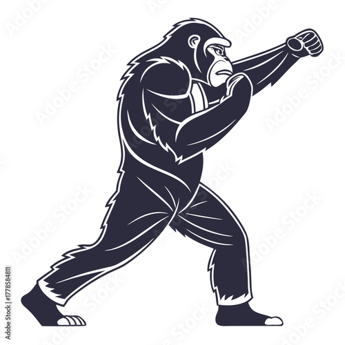 Illustration of a stylized gorilla in a boxing stance with a determined expression and dark fur design