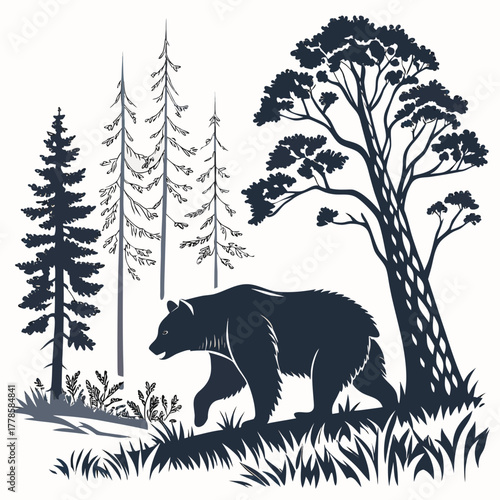 Silhouette of a bear walking through a forest with trees and grass in a monochrome illustration