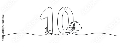 Continuous line drawing of number 10 with orchid flower. Minimalist monoline design