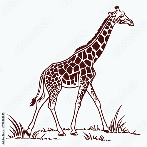 Illustration of a giraffe with brown spots walking through grass on a white background drawing style
