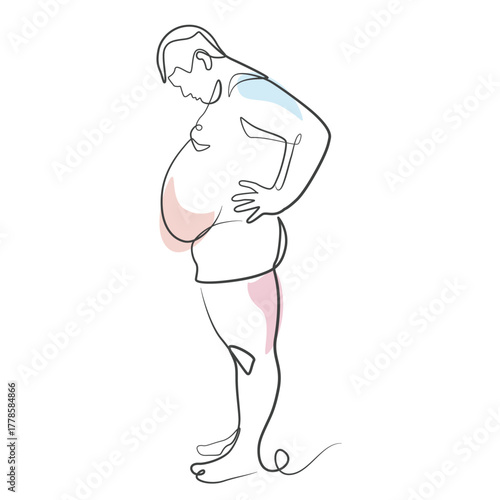 Overweight man one line drawing. Big size man single line illustration. Obese man minimalist line art