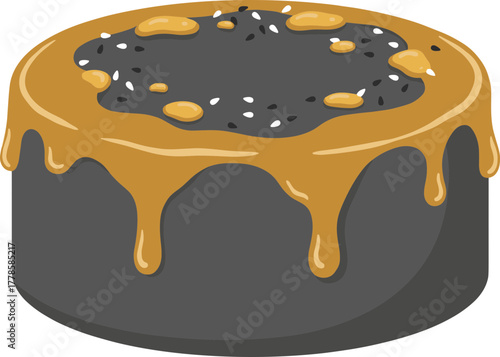 Flat Illustration of Delicious Chocolate Cake with Caramel Drizzle and Sesame Seed Topping