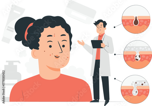 Doctor explains skin pore and acne treatment to a young woman medical healthcare