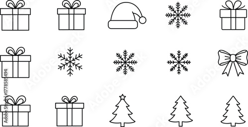 Christmas line art icons, gift boxes, snowflakes, Santa hat, bows, Christmas trees, festive winter holiday doodle clipart for crafts and decoration