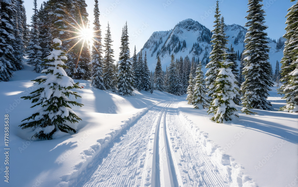 Fototapeta premium Serene ski trail winds through snow covered landscape, surrounded by tall evergreen trees. golden hour sunlight creates magical atmosphere, illuminating pristine snow and majestic mountains