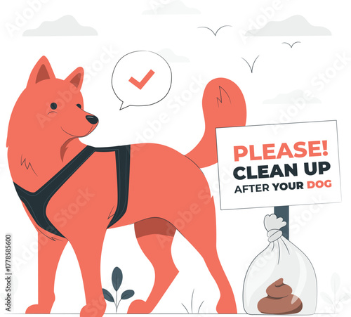 Dog owner cleaning up after pet with sign and waste bag vector illustration