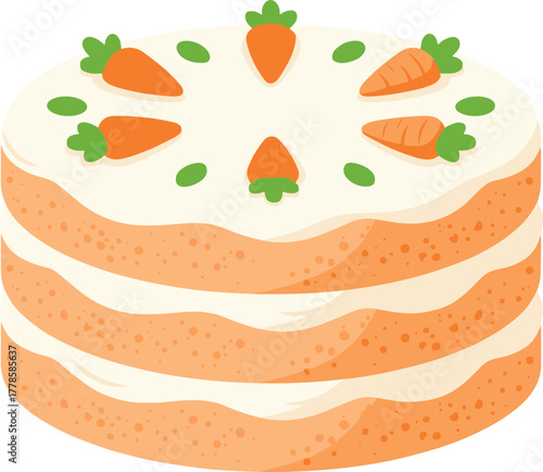 Flat Cartoon Style Carrot Cake with Cream Cheese Frosting Illustration