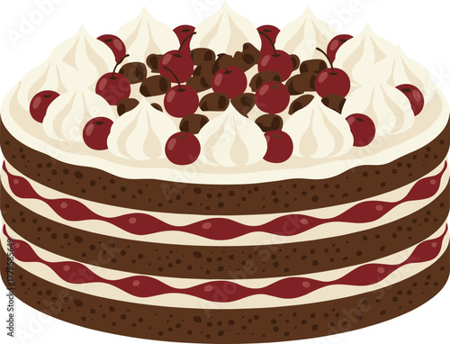 Delicious Layered Black Forest Cake Illustration with Cream and Cherries Topping