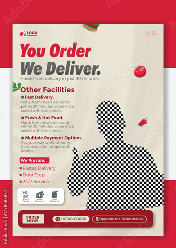 Food delivery service flyer template with delivery man holding pizza boxes
