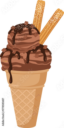 Cartoon Style Delicious Chocolate Ice Cream Cone and Churro Dessert Illustration