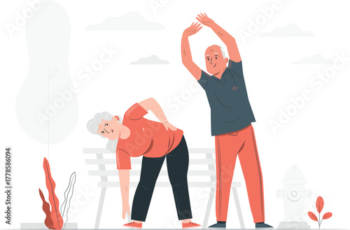 Elderly couple stretching and exercising outdoors by a park bench senior