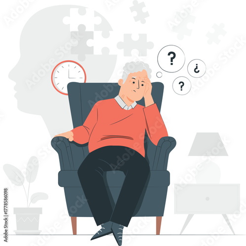 Elderly Man Sitting in a Chair with Puzzles and Question Marks senior confused