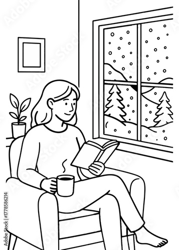 Cozy Woman Reading a Book by a Snowy Window with Coffee at Home. coloring pages for kids and adult