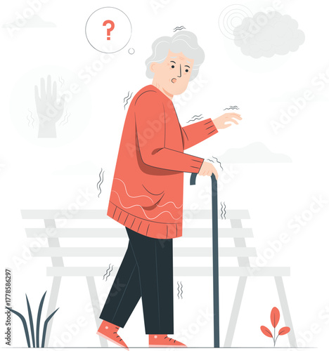 Elderly woman with cane experiencing tremors and confusion walking stick shaking hands