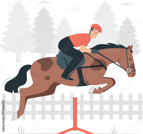 Equestrian jumping over obstacle with rider and horse sport