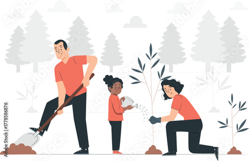 Family planting trees in a forest with gardening tools vector illustration