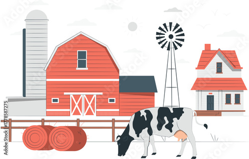 Farm scene with barn silo windmill and cow vector illustration
