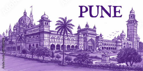 Pune Skyline Sketch with Cultural Landmarks for Tourism – Hand-Drawn Vector Featuring Shaniwarwada, Dagdusheth Temple, Aga Khan Palace, and University Dome – Perfect for Travel Posters and Souvenirs