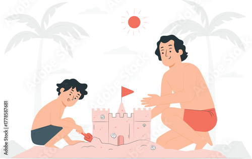 Father and Son Building Sandcastle on Beach vector illustration