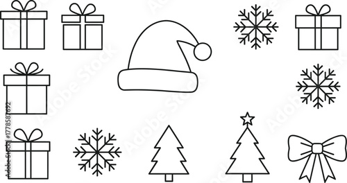 Festive Christmas line art icons featuring Santa hat, snowflakes, gift boxes, holiday bow, and Christmas trees for winter holiday designs