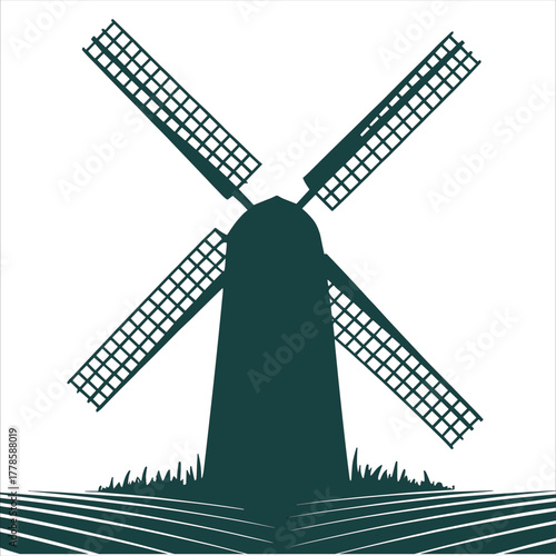 Windmill on field background rural landscape vector illustration