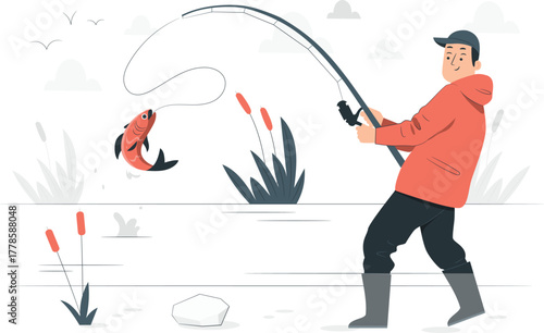 Fisherman catching fish with fishing rod by lake water