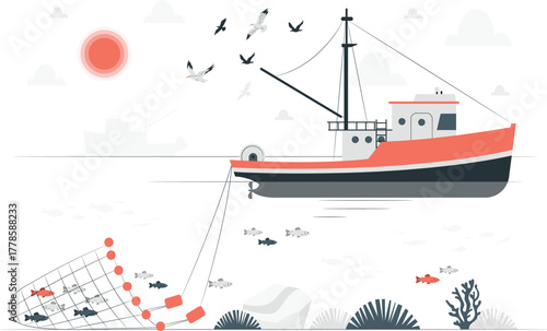 Fishing boat with net catching fish in the ocean Keywords: fishing, boat, ocean, sea, fish, net