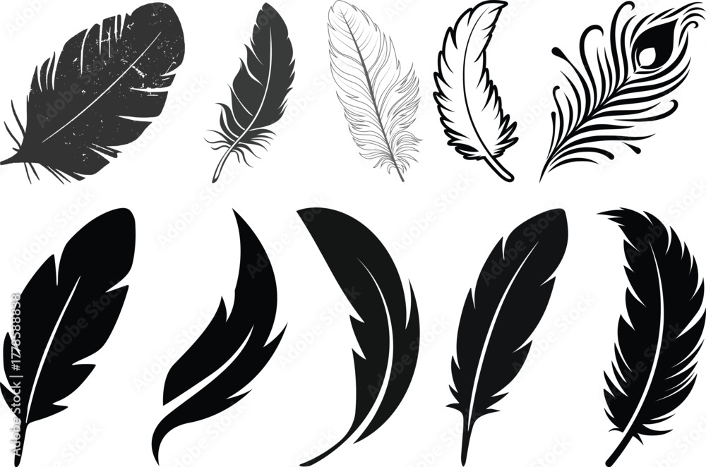 Obraz premium Set of detailed majestic feather collection. Bird Feather black silhouettes. Plumelet collection. Vector isolated on white.Detailed majestic feather collection. Feather Set icon, logo isolated