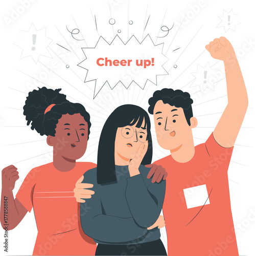 Friends comforting a sad person with a cheer up message support unhappy