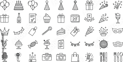 Party celebration icon set with balloons, cake, gifts, confetti, drinks, fireworks, masks, music and party decorations in line style