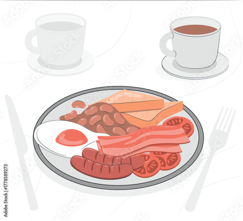 Full English breakfast with fried egg, bacon, sausages and toast meal food