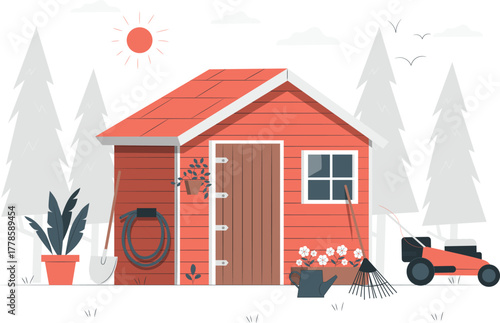 Garden shed with tools and plants on a sunny day Keywords: garden, shed, house, building