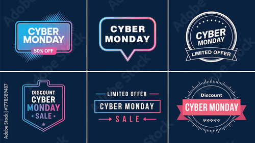 Vector art of collection of cyber monday sale badges and labels with neon glow effect