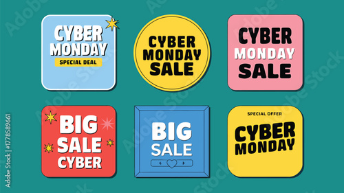 Vector art of collection of cyber monday and big sale labels and badges in various shapes and colors, square and circle design elements for promotion