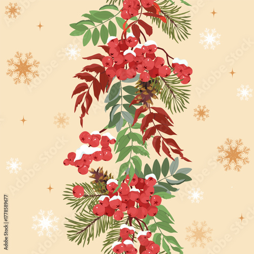 Winter vertical pattern with rowan berries and fir branches. Seamless vector illustration. Suitable for decorating textiles and packaging.