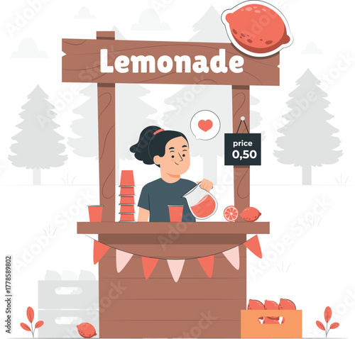 Girl selling lemonade at a stand with lemons and cups price 0,50 drink