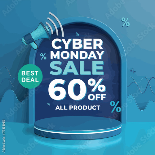 Vector art of cyber monday sale with 60 off all products, featuring a megaphone and a podium for promotion, emphasizing best deals and discounts