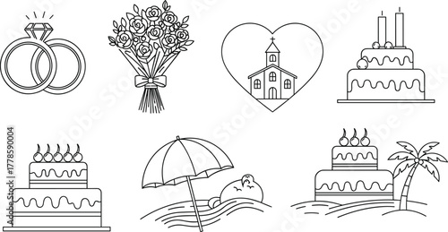 Wedding and celebration line icon set with rings, bouquet, church, wedding cakes, tropical beach honeymoon scene and romantic elements
