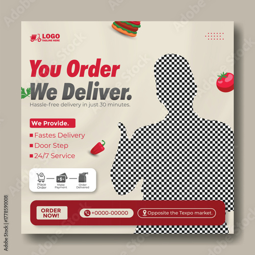 Smiling delivery man with pizza boxes offering fast food delivery service