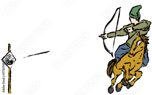 筆書きの流鏑馬、疾走する馬に乗って弓を射る武士の墨絵風イラスト