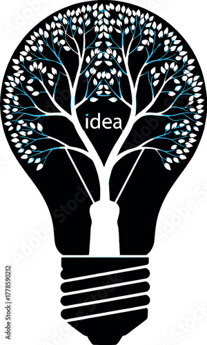 Green light bulb with a tree inside, symbolizing ecofriendly ideas and sustainability