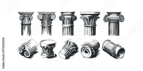 Collection of antique architectural column capitals and bases