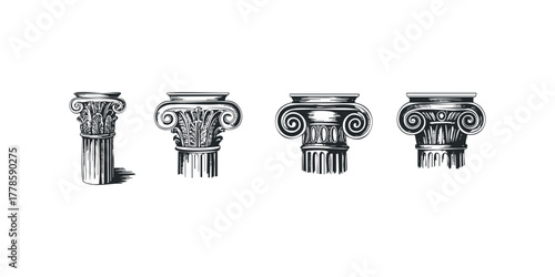 Collection of Classical Column Capitals in Black and White