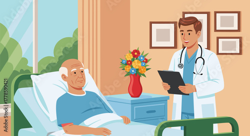 Caring physician conducting a medical consultation with a senior male patient recovering in a hospital bed, providing professional healthcare support