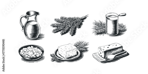 Black and white sketch of dairy products and grains