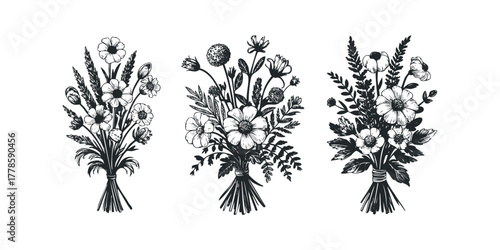 Three detailed ink sketches of floral bouquets