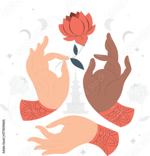 Hands Holding Lotus Flower with Pagoda Illustration spiritual