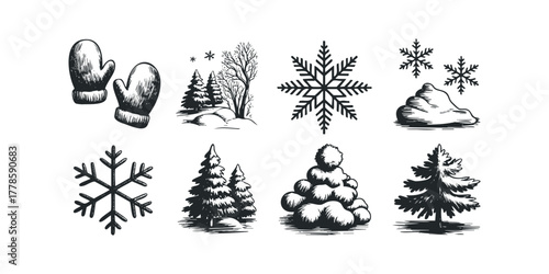 Winter elements collection with mittens, trees, and snowflakes